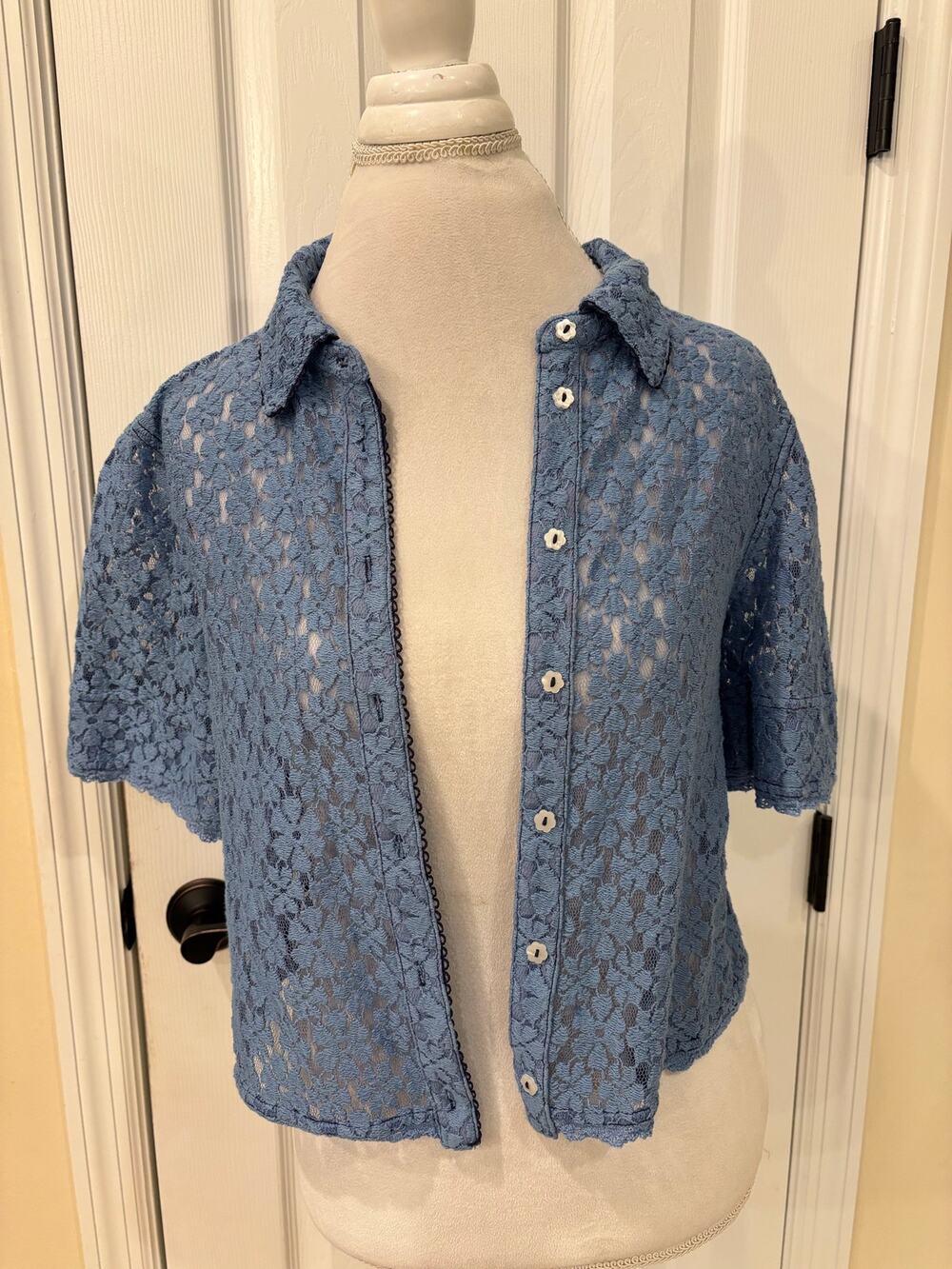 Free People Medium Mannie Lace Button Down Blue Shirt